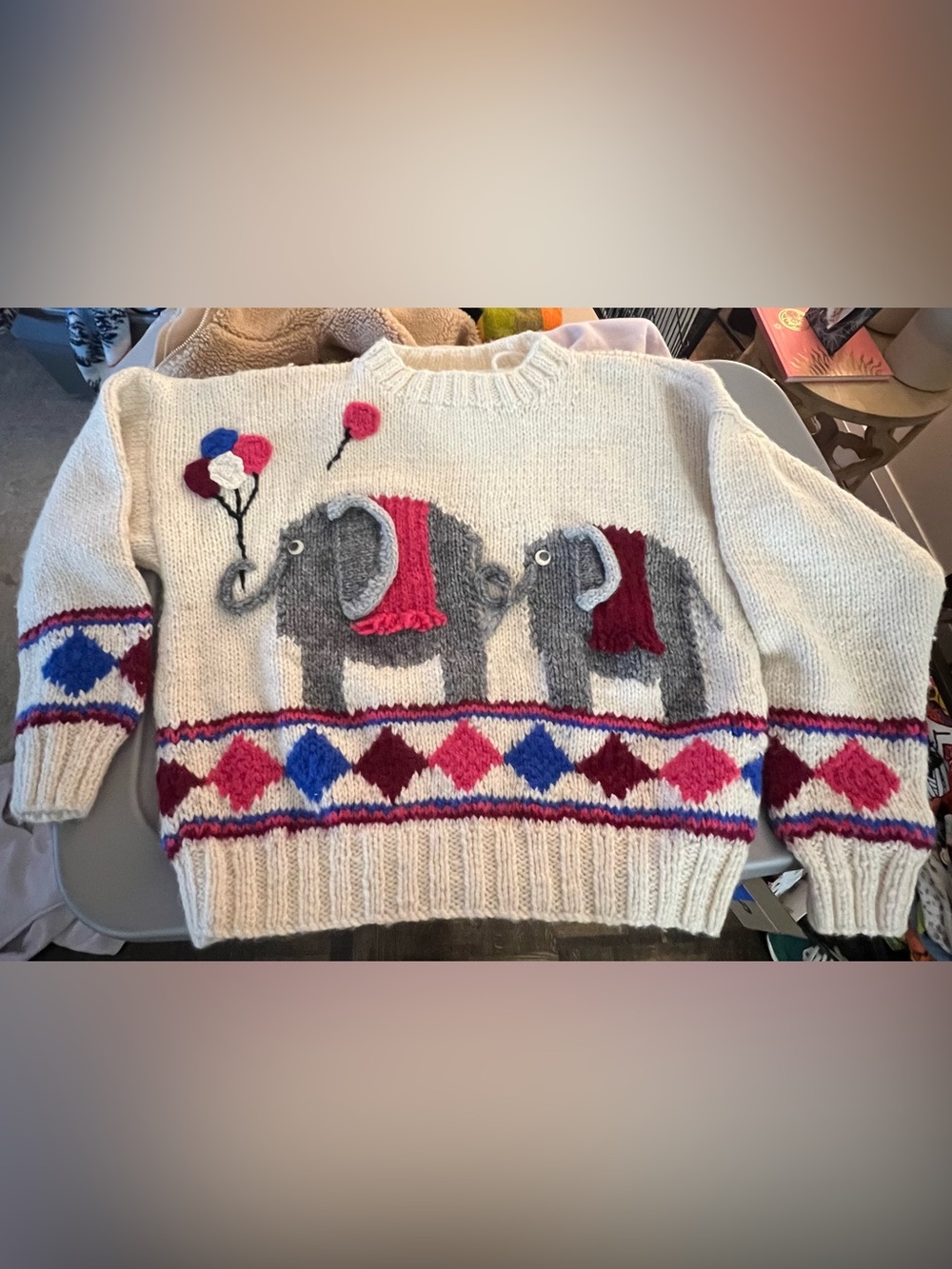 Unique vintage elephant handmade knit sweater